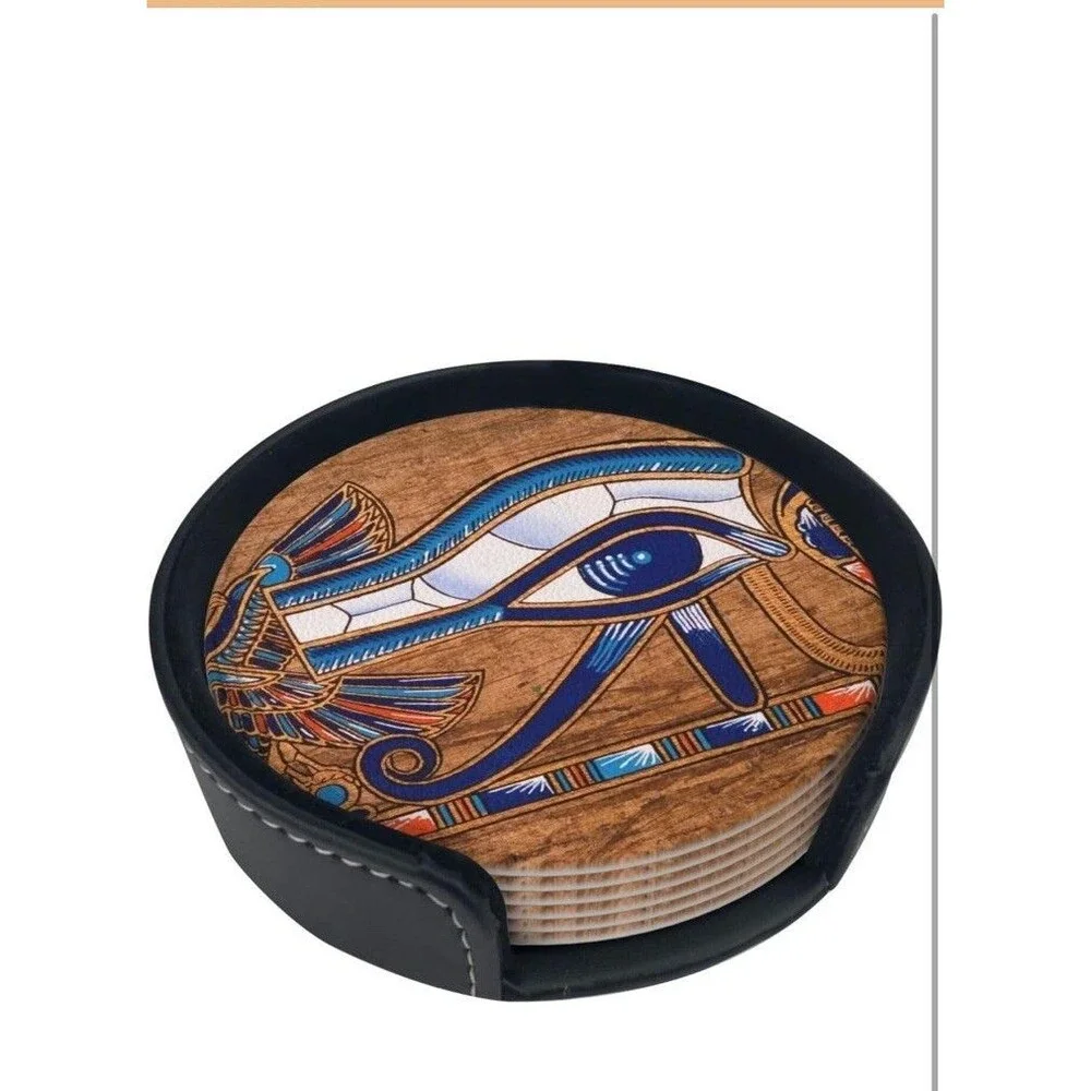 Set Of Six Leather Coasters Decorated With Ancient Egyptian Scenes Leather